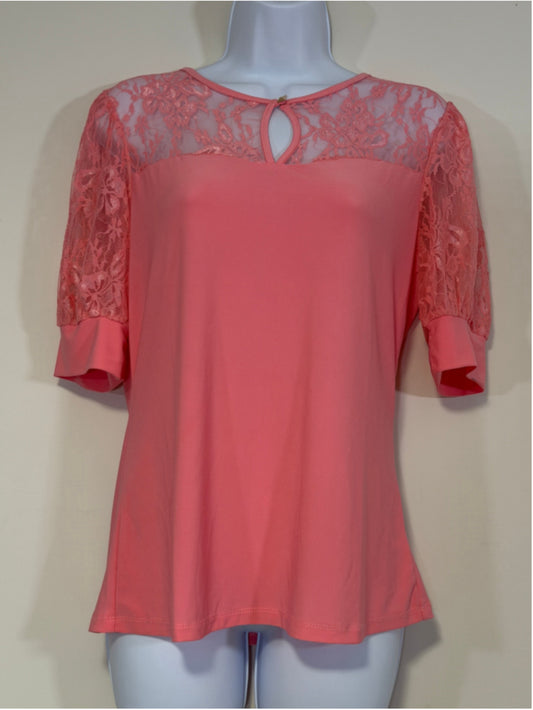 NY Collection Women's Medium Petite Pink Puff Lace Sleeve Top NWT