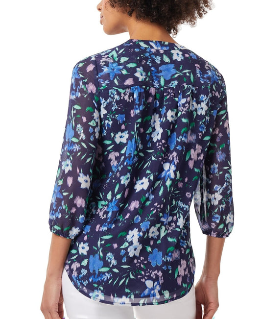 Jones New York Women's Petite Small Blue Floral-Print V-Neck 3/4-Sleeve Top NWT