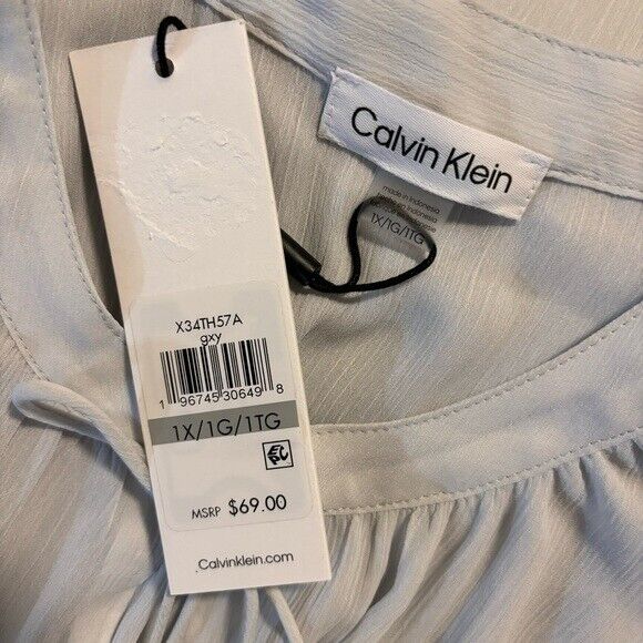 CALVIN KLEIN Plus Size Tie-Neck Ruffle-Sleeve Grey Chiffon Blouse NWT