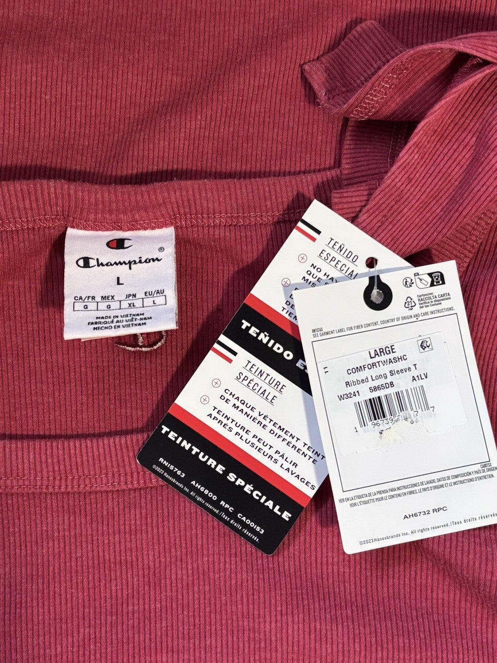 Champion Size Large Red Ribbed Scoop Neck Long Sleeve Tee Top NWT