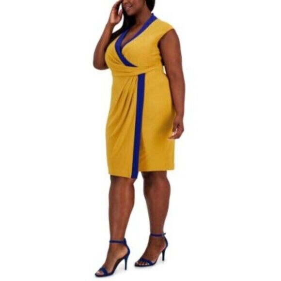 KASPER Plus Size Colorblocked Gold and Blue Faux-Wrap Cap-Sleeve Dress NWT