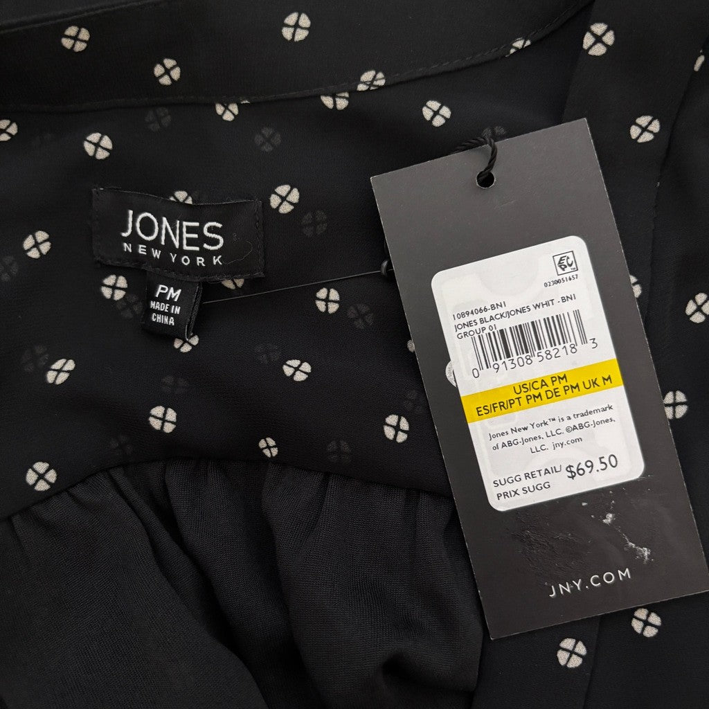 Jones New York Medium Petite Black & White Printed V-Neck 3/4-Sleeves Blouse NWT