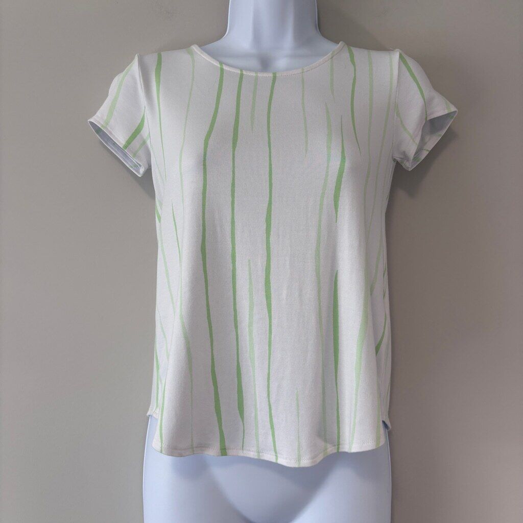 Alfani Women's PP Short Sleeve Top White Green Striped Stretch Casual Tee NWT