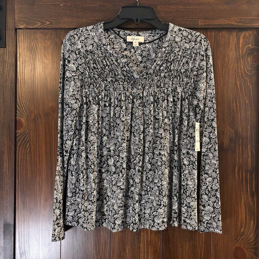 Style & Co. Small Petite Black & White Floral Smocked Long-Sleeve Top NWT