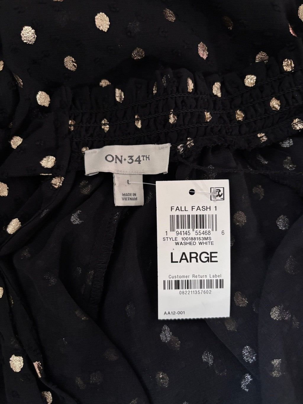 ON 34th Women's Large Black & Metallic Gold Dot Tiered Sheer Dress NWT