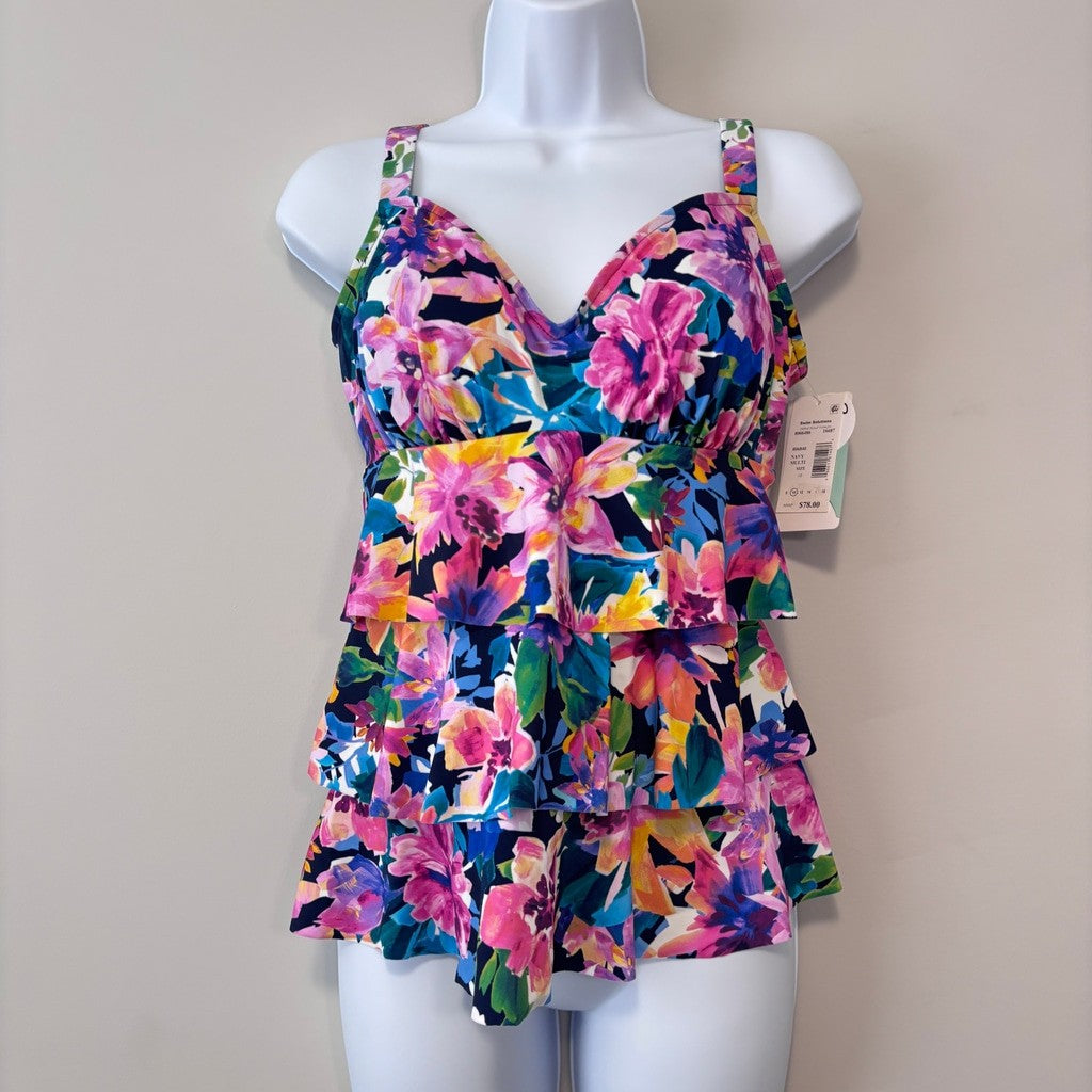 Swim Solutions Women's 10 Multicolor Floral Ruffle Triple-Tiered Tankini NWT