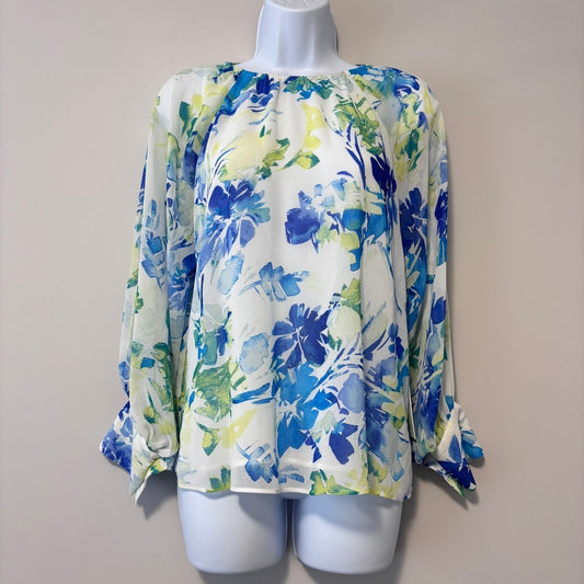 Calvin Klein Women's XS Blue Floral-Print Gathered Cold-Shoulder Blouse NWT