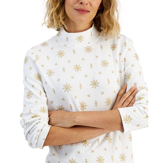 Karen Scott Small Petite Mock-Neck Gold Glitter Snowflake Long Sleeve Top NWT.