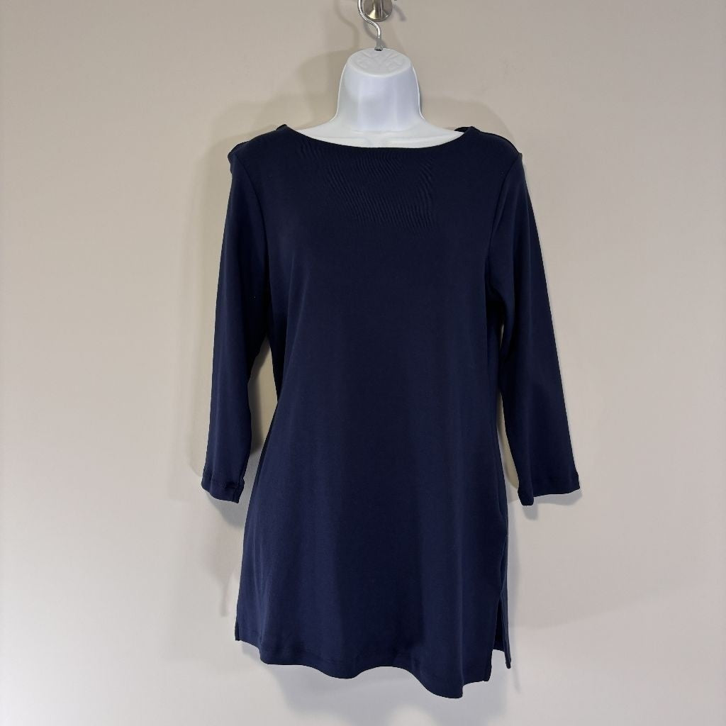 Karen Scott Women's Medium 100% Cotton Navy Blue Boat-Neck 3/4-Sleeve Top NWT