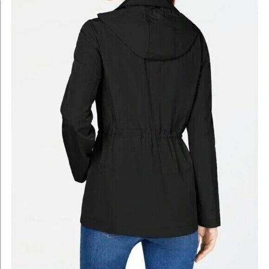 Charter Club Petite Black Hooded Anorak Rain Jacket Drawstring Waist NWT