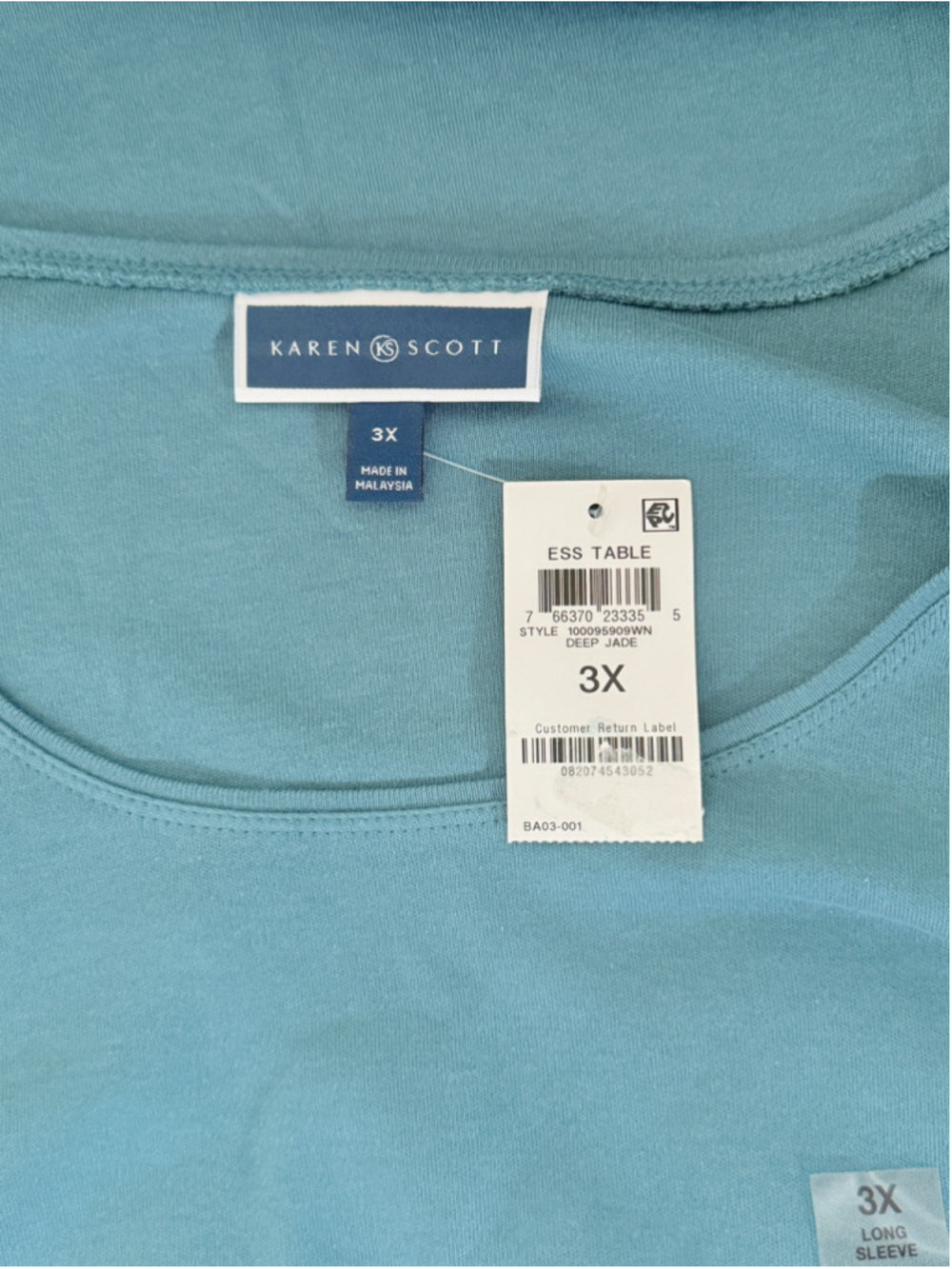 Karen Scott Plus Size 3X Teal 100% Cotton Long Sleeve Top / T-Shirt NWT