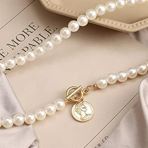 Women's Faux Pearl Choker Necklace Toggle Clasp with Coin Charm Pendant NWT