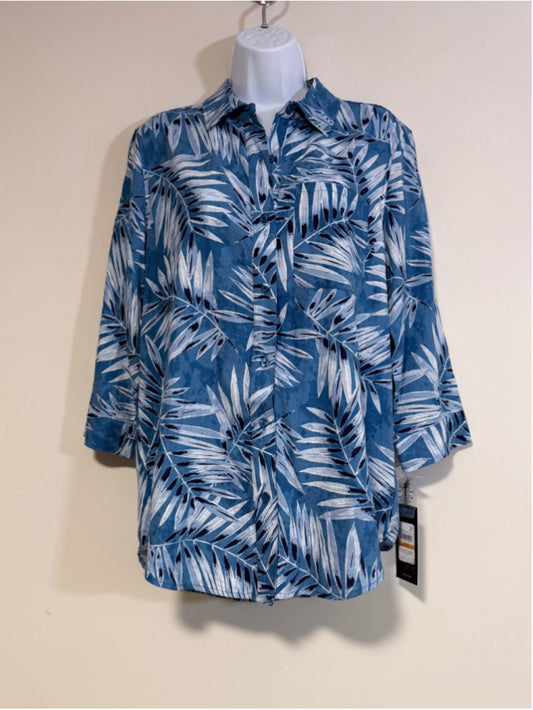 Jones New York Small Button Down Blue Tropical Printed Linen Blend Blouse NWT