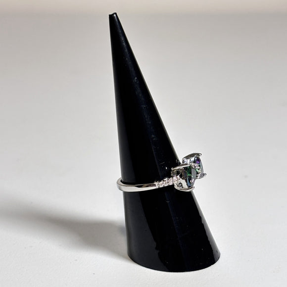 Green & Purple Iridescent Bow Cut Cubic Zirconia Ring in Silver Tone Size 7 NWT