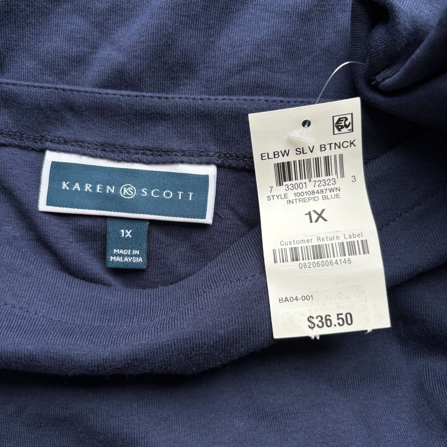 Karen Scott Plus Size Navy Blue 100% Cotton Elbow-Sleeve Top NWT.