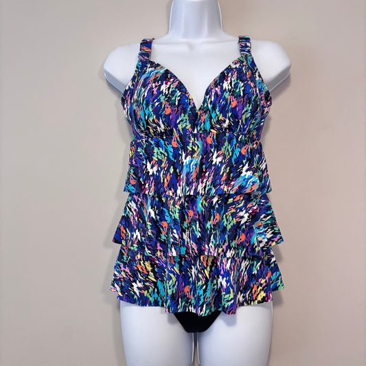 Swim Solutions Women's Size 10 Blue Printed Tiered One-Piece Swimsuit NWT