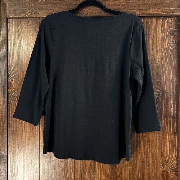 Charter Club Petite Black Pima Cotton Button-Shoulder 3/4 Sleeve Top NWT