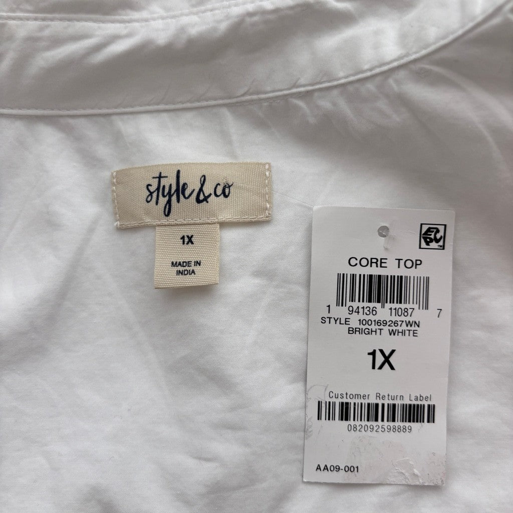 Style & Co Women's 1X Plus Size 100% Cotton Solid White Button Up Shirt NWT