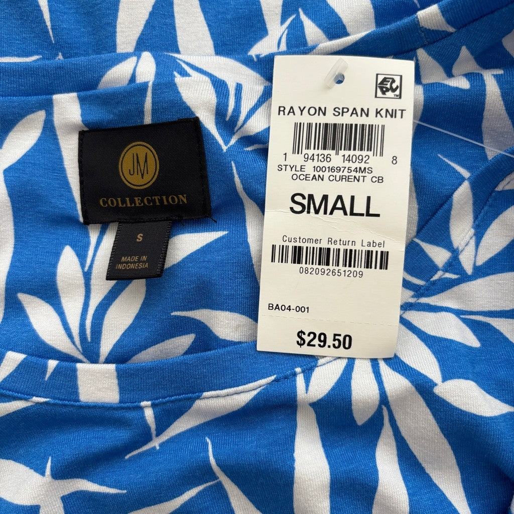 JM Collection Women's Size Small Blue & White Leaves Print Scoop-Neck Top NWT