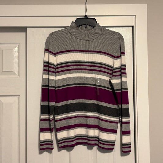 Karen Scott Women's Large 100% Cotton Striped Rib Mock-Neck Sweater NWT