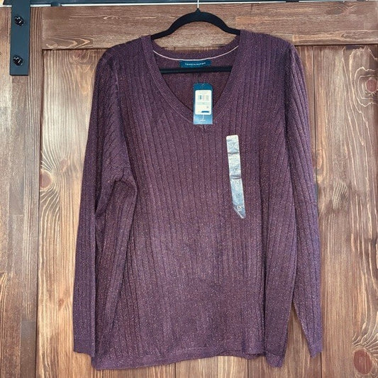 TOMMY HILFIGER Plus Size 1X Burgandy Ribbed Metallic-Threaded Sweater NWT