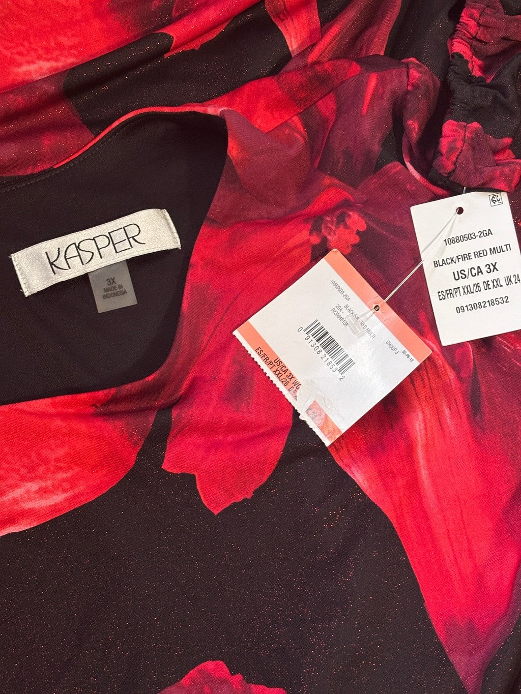 Kasper Plus Size 3X Red & Black Sparkly Floral Midi Dress NWT