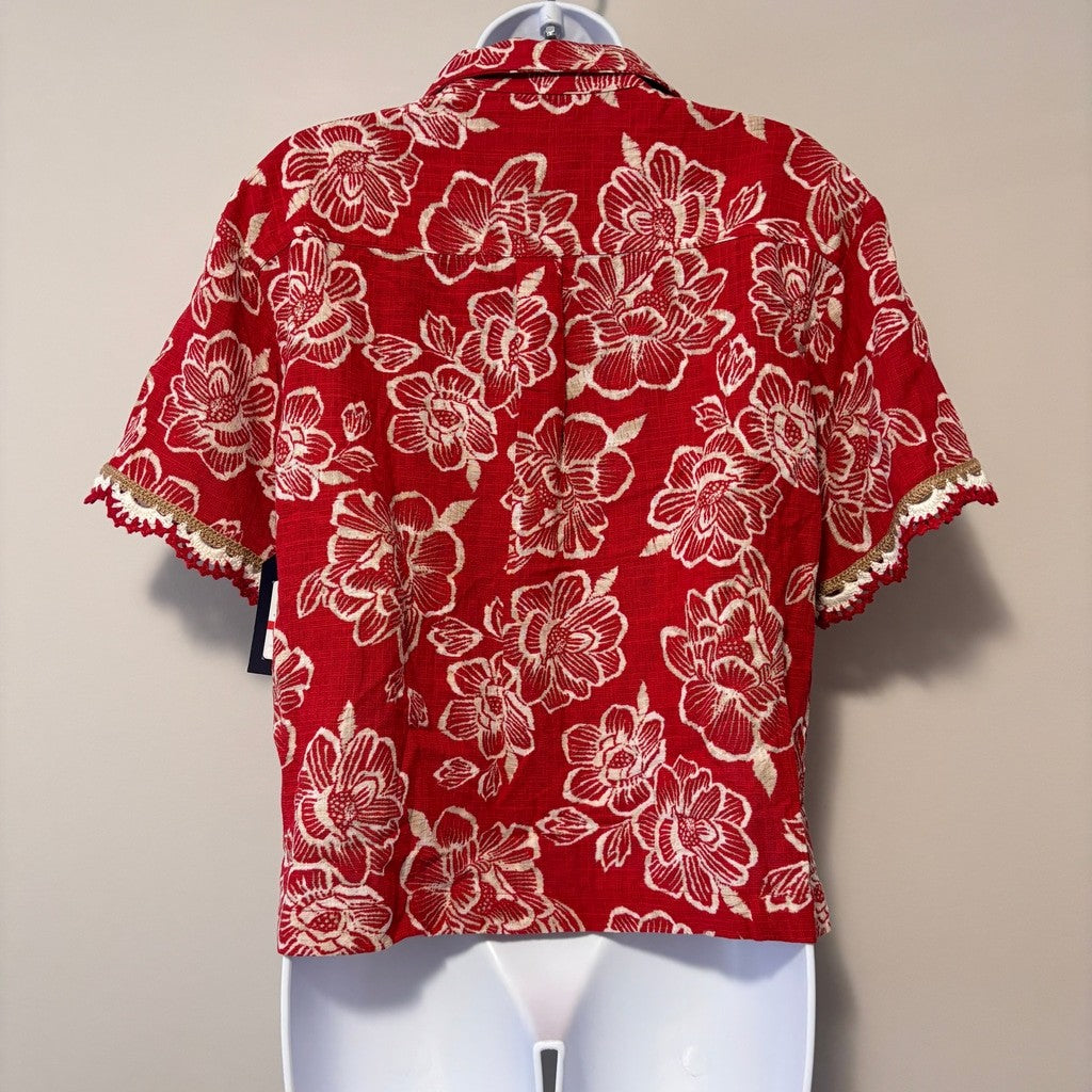 Nautica Jeans Women's XS Red Floral Print Crochet Trim Short Sleeve Shirt NWT