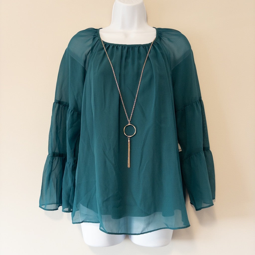 JM Collection Small Petite Teal Chiffon Long Tier-Sleeve Necklace Blouse NWT