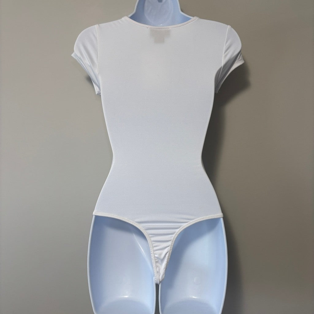 Just Polly Women's Extra Small White Knit Cutout Short Sleeve Thong Bodysuit NWT