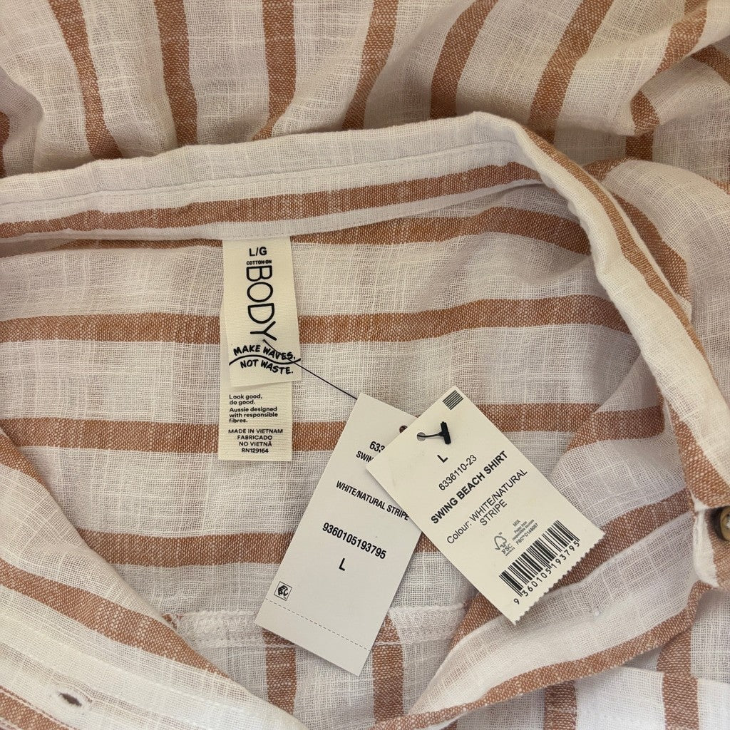 Cotton On Women's Large Brown White Striped Swing Beach Cover Up Shirt NWT