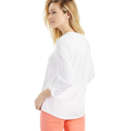 Style & Co Women's Small 100% Cotton White Cuffed-Sleeve Henley Top NWT