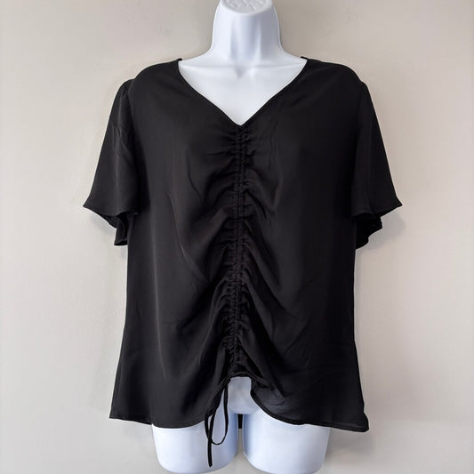 INC International Concepts Medium Black Ruched-Front Short-Sleeve Top NWT