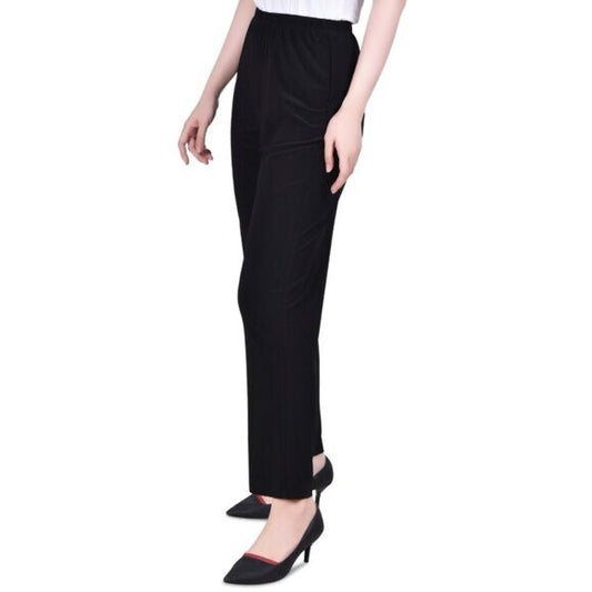 NY COLLECTION Petite Pull-On Straight-Leg Black Stretchy Elastic Waist Pants NWT