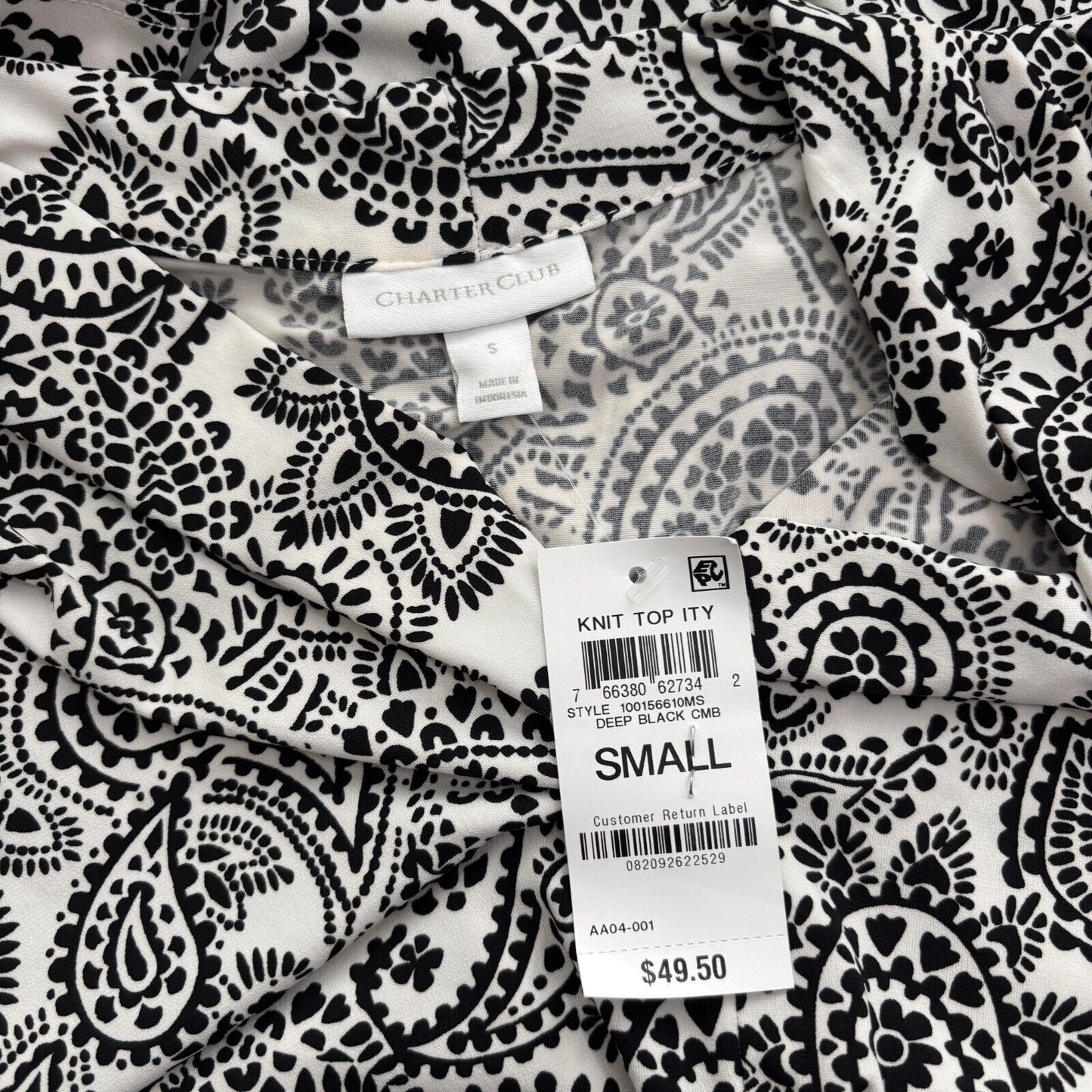 Charter Club Women's White & Black Bold Paisley Printed Top NWT