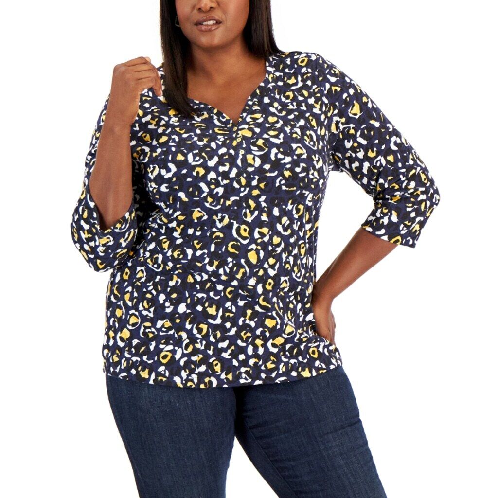 Karen Scott Women's Plus Size 0X Navy & Yellow Leopard-Print Henley Top NWT