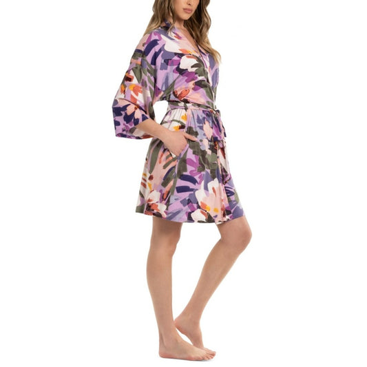 Linea Donatella Size Small Floral Print Soft Knit Wrap Robe in Violet NWT