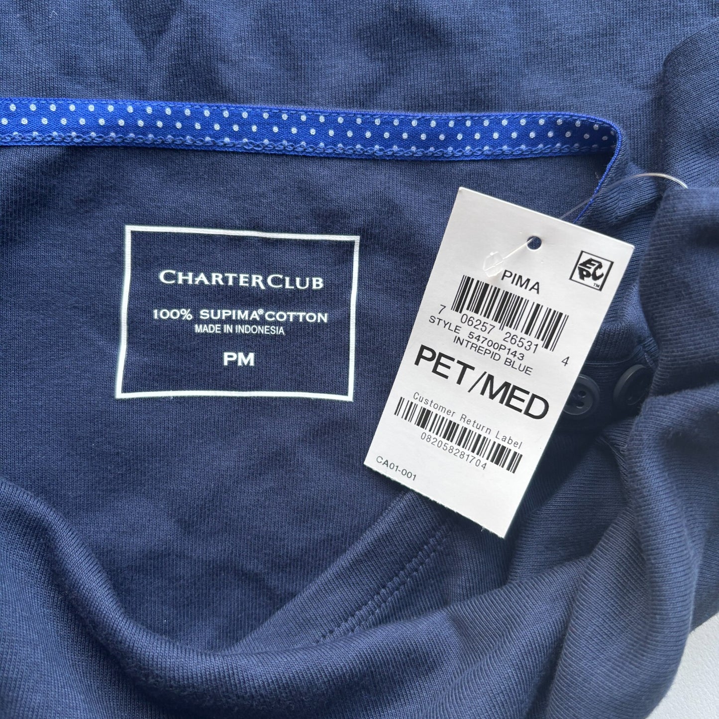 Charter Club Petite Navy Blue Pima Cotton Button-Shoulder 3/4 Sleeve Top NWT