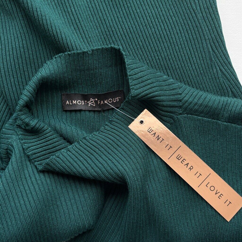 Almost Famous Size Small Green Sheer-Sleeve 3D-Flower Mock Neck Sweater NWT
