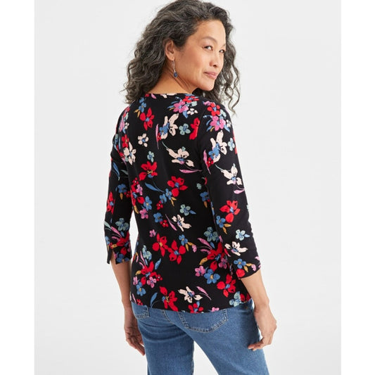 Style & Co. Women's Large Petite Black & Red Floral 100% Cotton Knit Top NWT