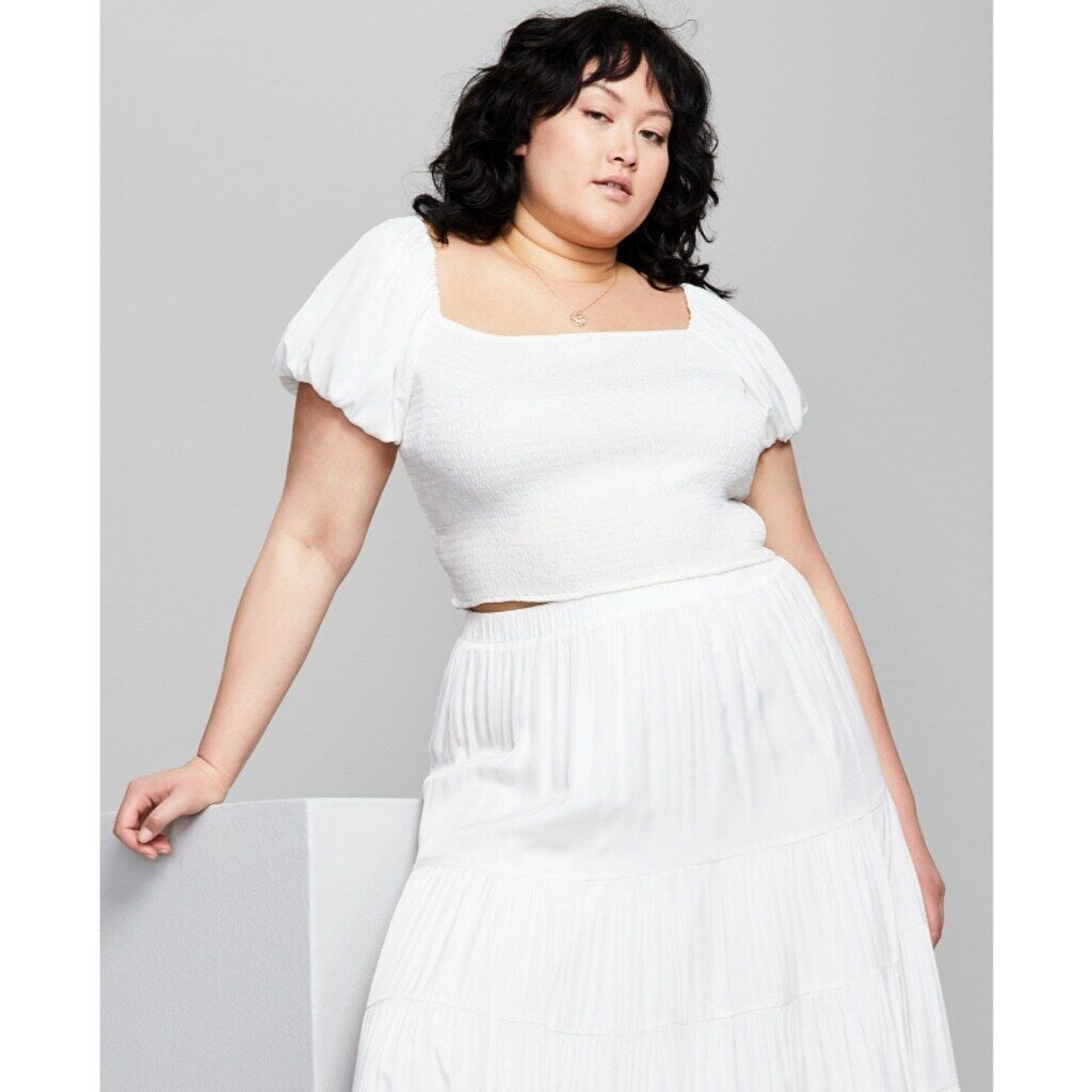 And Now This Women's Plus Size 2X White Square Neck Puff Sleeve Crop Top NWT
