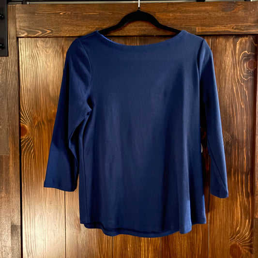 Charter Club Petite Navy Blue Pima Cotton Button-Shoulder 3/4 Sleeve Top NWT