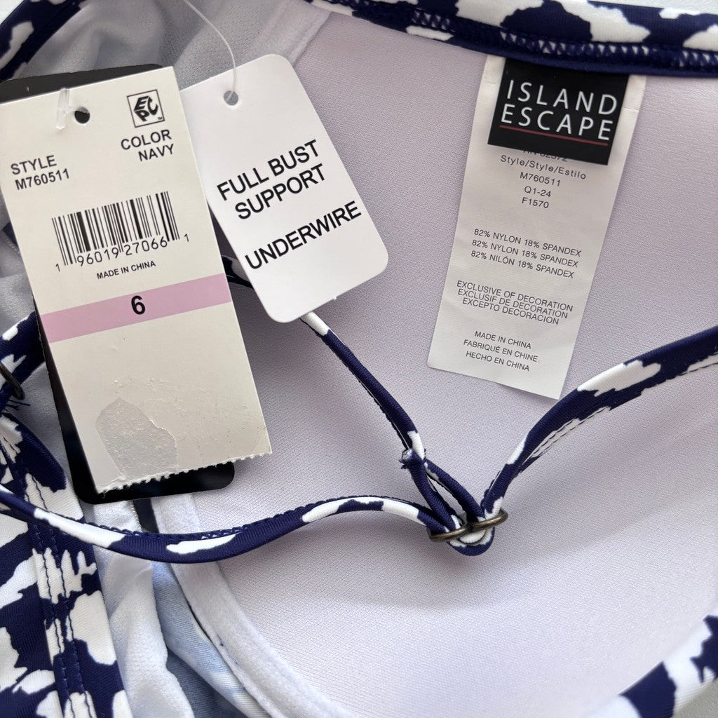 Island Escape Women's Size 6 Blue & White Print Twist-Front Tankini Top NWT