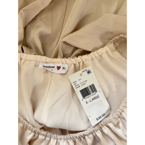 Beautees Size Extra Large Beige Tie-Back Satin Peasant Blouse Top NWT
