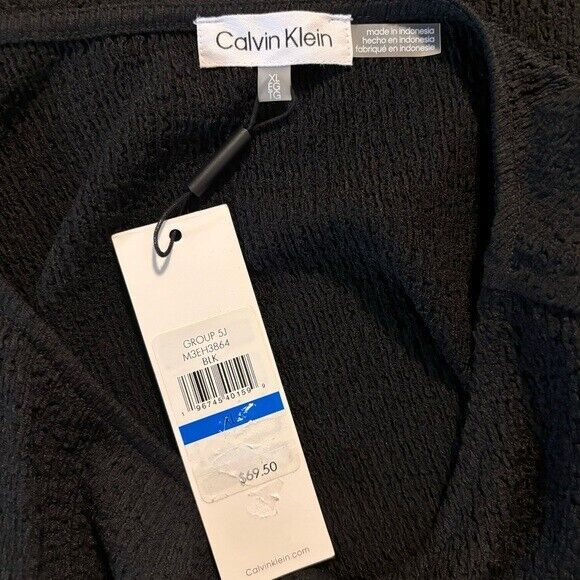 CALVIN KLEIN Black Cap Sleeve Pleated V-Bodice Textured Blouse NWT