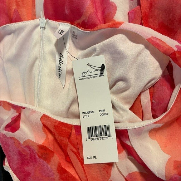 NY COLLECTION Large Petite Sleeveless Belted Chiffon Pink Floral Maxi Dress NWT