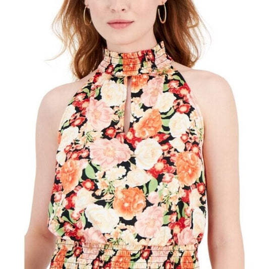 INC International Concepts Floral Printed Smocked-Waist Keyhole Top NWT