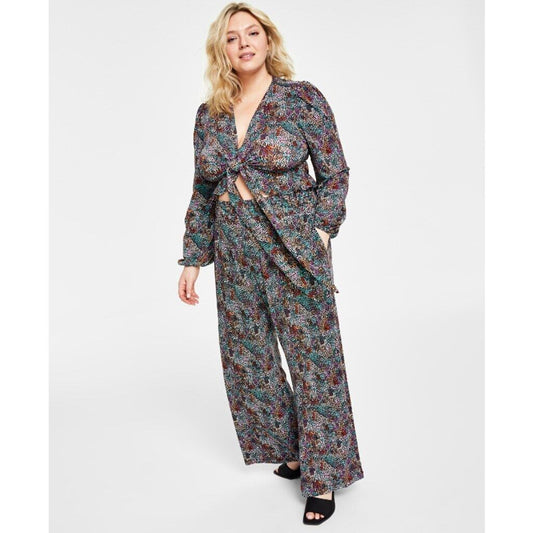 Bar III Women's Plus Size 1X Multi-Colored Tie-Front Ruffle Crop Top NWT