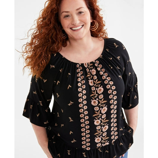 Style & Co Plus Size Black Floral Peasant Blouse, 3/4-Sleeve Top NWT