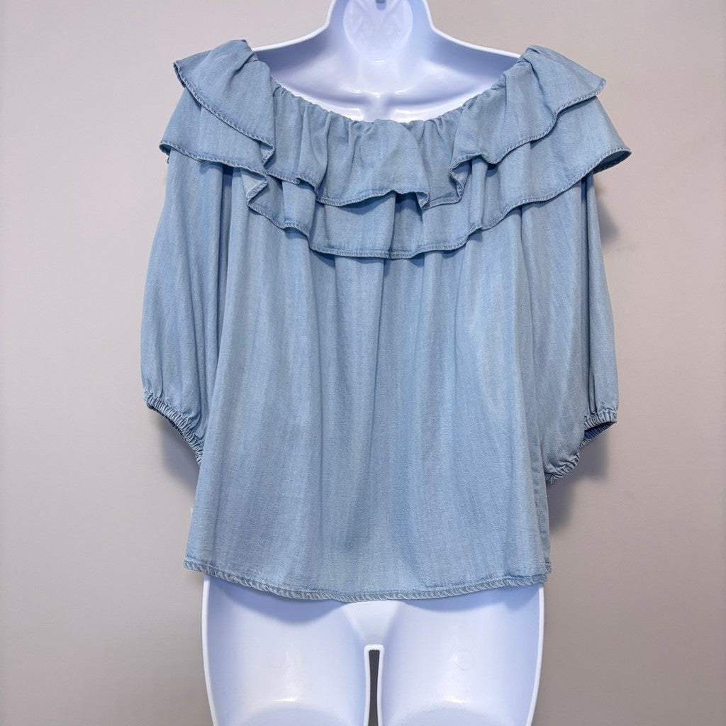 Sam & Jess Size Large Petite Off-The-Shoulder 3/4-Sleeves Double-Ruffle Top NWT