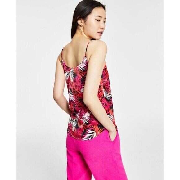 Bar III Women's Black and Pink Leaf-Print Scoop-Neck Satin Cami Top NWT